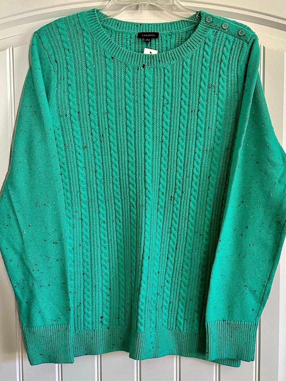 Talbots Button Cuff Cableknit Sweater - Tweed Green Large